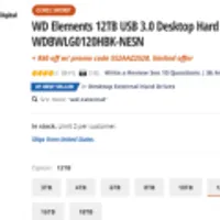 WD Elements 12TB USB 3.0 Desktop Hard Drive Black WDBWLG0120HBK-NESN