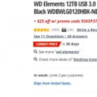 WD Elements 12tb USB 3.0 Desktop Hard Drive Black