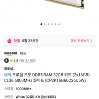 크루셜 프로 DDR5 RAM 32GB 키트 (2x16GB) CL36 6000MHz 화이...