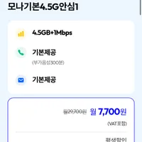 알뜰폰 요금제 평생 통무 4.5기가+1Mbps LG망