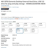 WESTERN DIGITAL 14TB,20TB 엘리먼트 데스크탑 하드 드라이브 HDD 핫...
