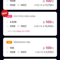 100분 요금제 10GB(6개월)